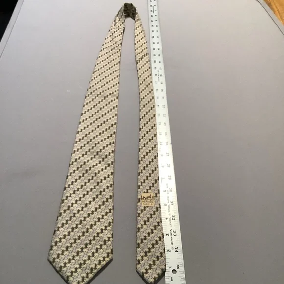 Hermes Paris silk tie Made in France Yellow Gray Green Black Hashtag Pattern - Picture 6 of 6